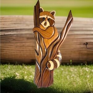 Vintage Wooden Wall Art Raccoon On Branch 20" X 8"Intarsia Cedar, Walnut, Aspen